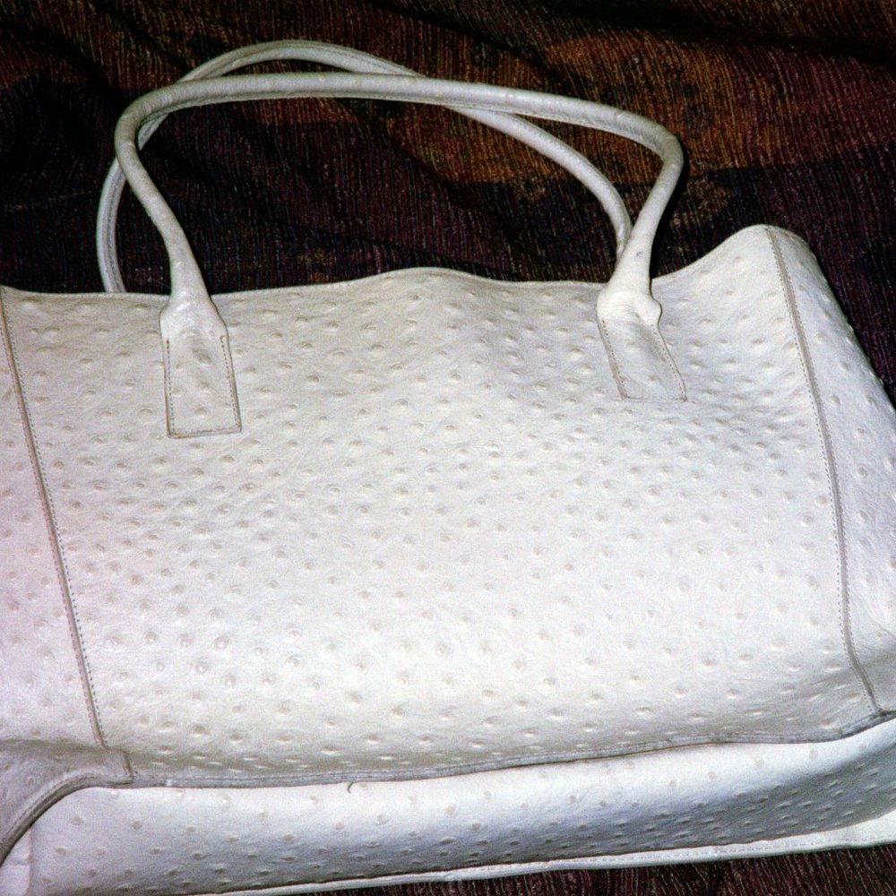 GUIAS Peacock Embossed Leather Ivory Tote Bag